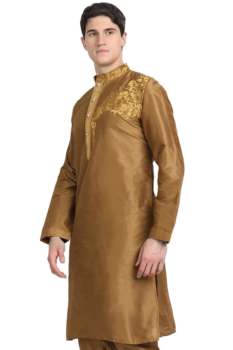 Skavij Men's Art Silk Kurta Top Indian Wedding Casual Long Shirt Large Beige